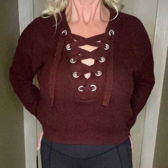Divided Red  Cropped Lace up Sweater - Picture 1 of 5
